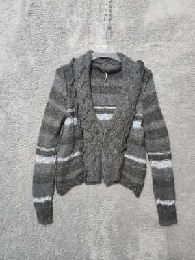Free People Sweater Size Medium Gray Wool Striped Knit Cardigan